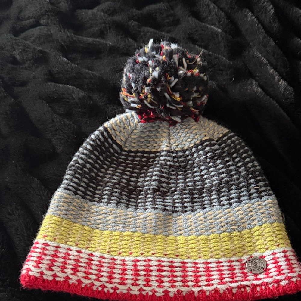 pistil Striped Pom Beanie - Blue Yellow, Red